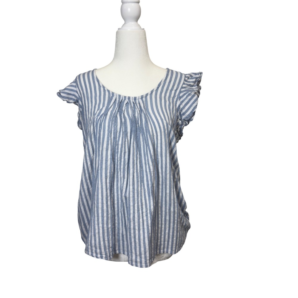 Blue White Striped Flutter Sleeve Cotton Blouse Large